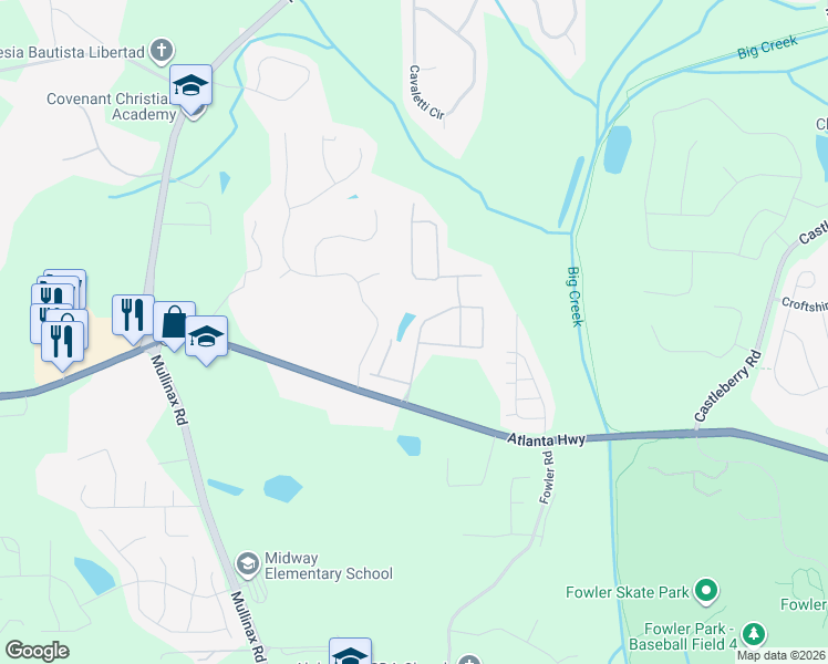 map of restaurants, bars, coffee shops, grocery stores, and more near 4735 Waterbrooke Crossing in Alpharetta