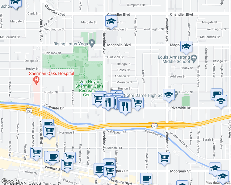 map of restaurants, bars, coffee shops, grocery stores, and more near 14019 Peach Grove Street in Los Angeles