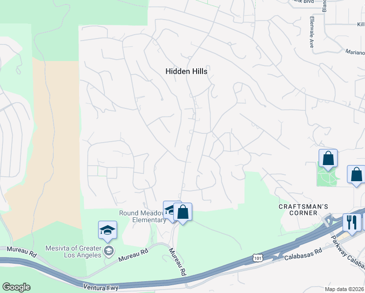 map of restaurants, bars, coffee shops, grocery stores, and more near 5353 Round Meadow Road in Hidden Hills