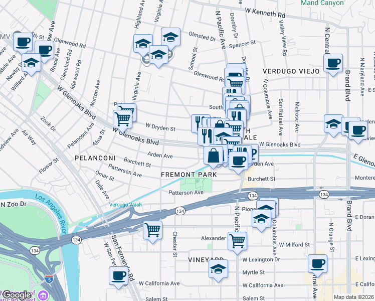 map of restaurants, bars, coffee shops, grocery stores, and more near 642 West Glenoaks Boulevard in Glendale