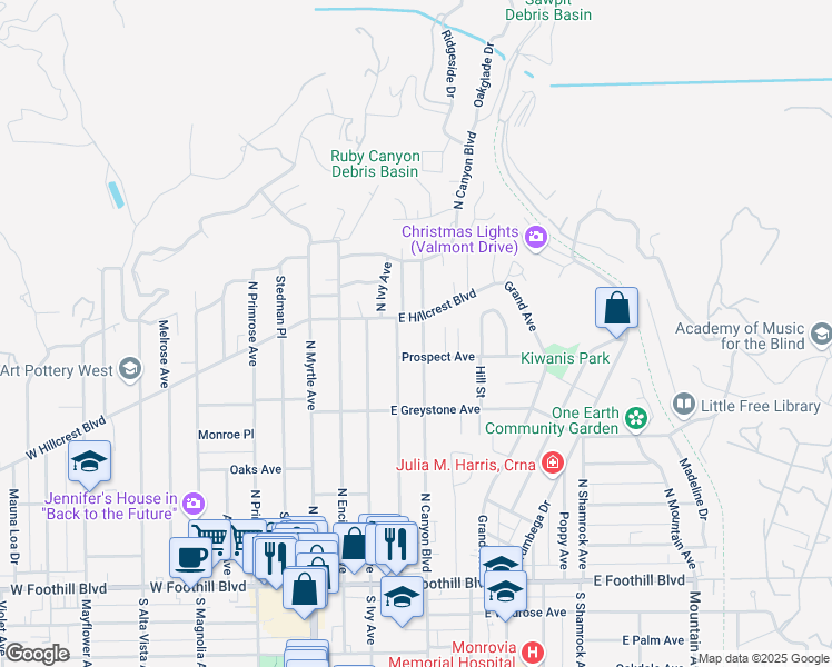 map of restaurants, bars, coffee shops, grocery stores, and more near 371 North Canyon Boulevard in Monrovia