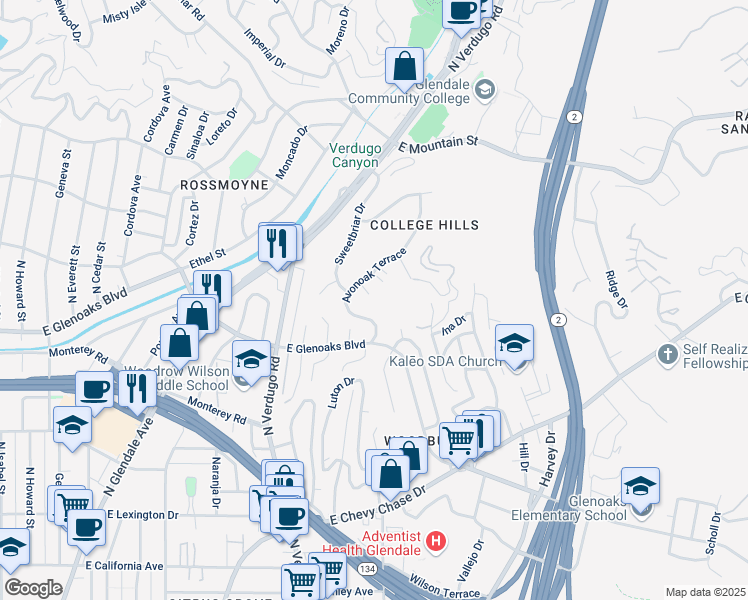 map of restaurants, bars, coffee shops, grocery stores, and more near 1000 Principia Drive in Glendale