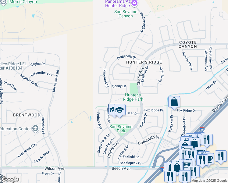 map of restaurants, bars, coffee shops, grocery stores, and more near 5206 Archery Court in Fontana
