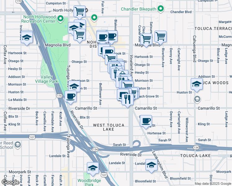 map of restaurants, bars, coffee shops, grocery stores, and more near 11120 Huston Street in Los Angeles