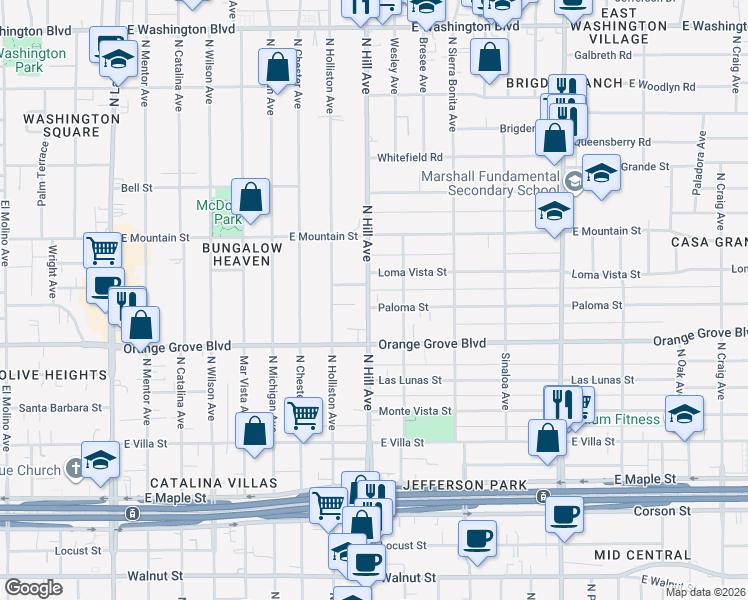 map of restaurants, bars, coffee shops, grocery stores, and more near 1413 Paloma Street in Pasadena