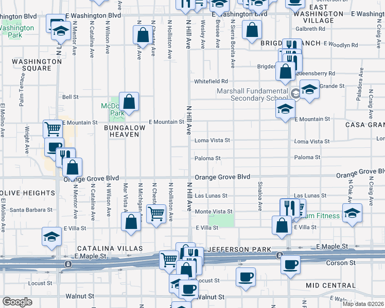map of restaurants, bars, coffee shops, grocery stores, and more near 1445 Paloma Street in Pasadena