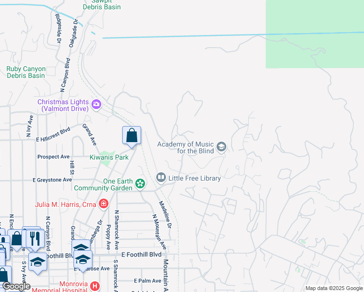 map of restaurants, bars, coffee shops, grocery stores, and more near 785 Norumbega Drive in Monrovia