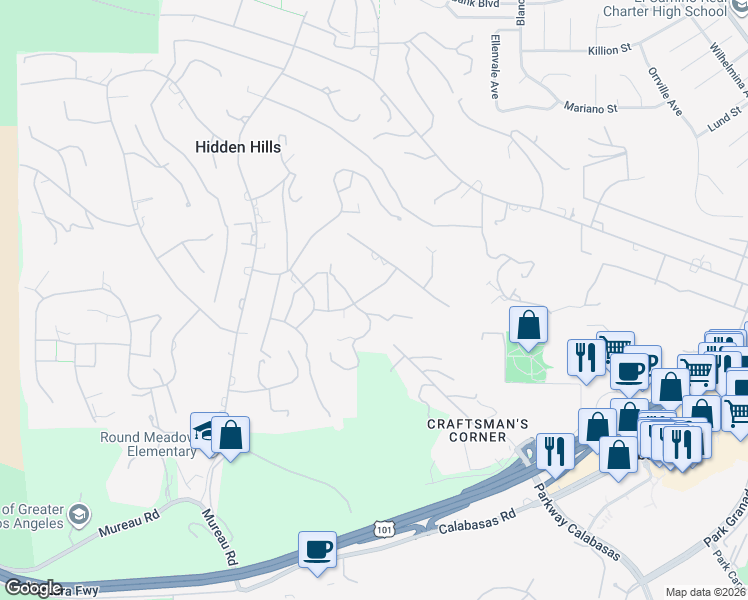 map of restaurants, bars, coffee shops, grocery stores, and more near 5380 Whitman Road in Hidden Hills