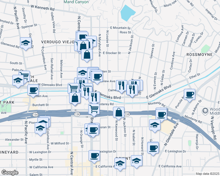map of restaurants, bars, coffee shops, grocery stores, and more near 930 North Louise Street in Glendale