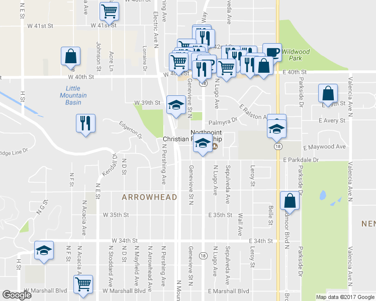 map of restaurants, bars, coffee shops, grocery stores, and more near 3778 Genevieve Street North in San Bernardino