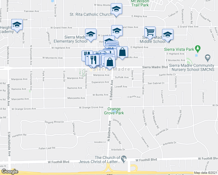map of restaurants, bars, coffee shops, grocery stores, and more near 139 South Baldwin Avenue in Sierra Madre