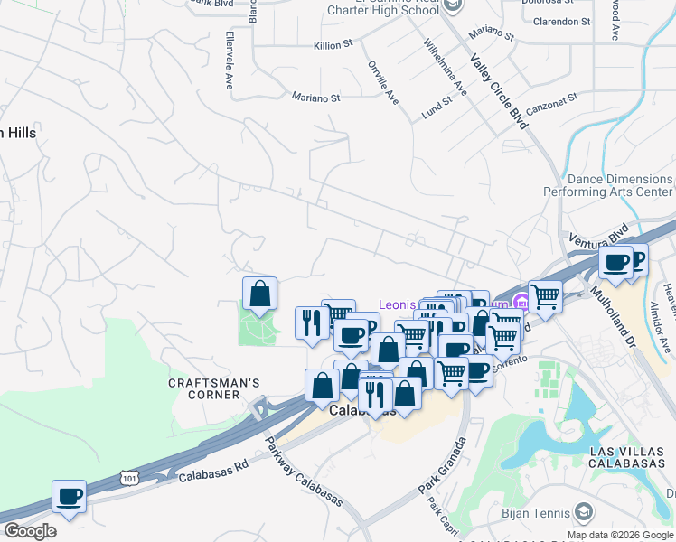 map of restaurants, bars, coffee shops, grocery stores, and more near 5207 Saddle Creek Road in Hidden Hills