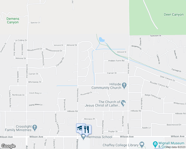 map of restaurants, bars, coffee shops, grocery stores, and more near 5200 Rocky Mountain Place in Rancho Cucamonga