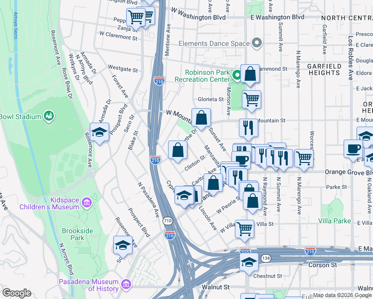 map of restaurants, bars, coffee shops, grocery stores, and more near 835 Brooks Avenue in Pasadena