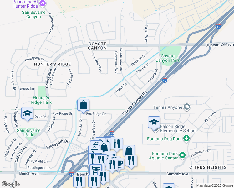 map of restaurants, bars, coffee shops, grocery stores, and more near 15213 Hawk Street in Fontana