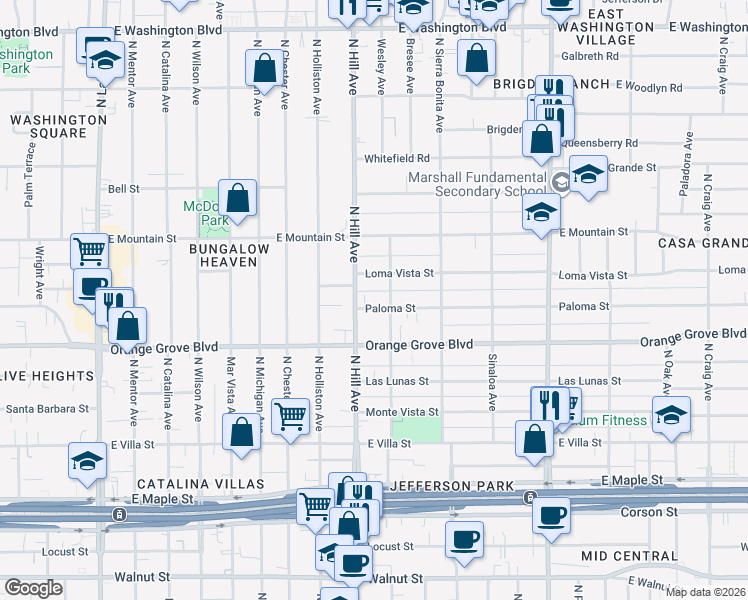 map of restaurants, bars, coffee shops, grocery stores, and more near 1445 Paloma Street in Pasadena