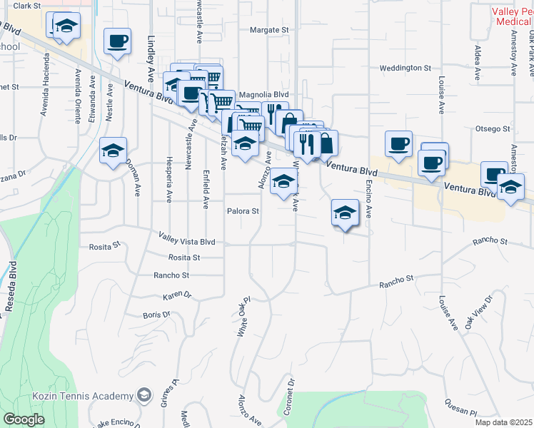 map of restaurants, bars, coffee shops, grocery stores, and more near 4912 Alonzo Avenue in Los Angeles
