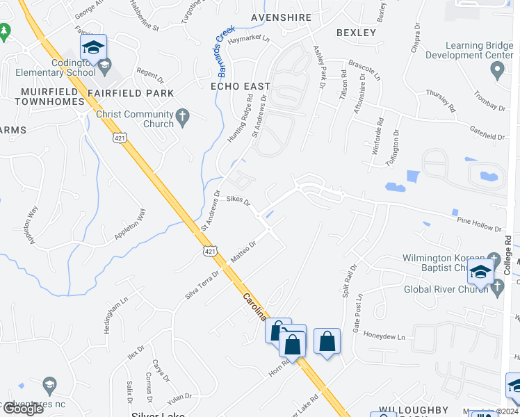 map of restaurants, bars, coffee shops, grocery stores, and more near Sikes Lane in Wilmington