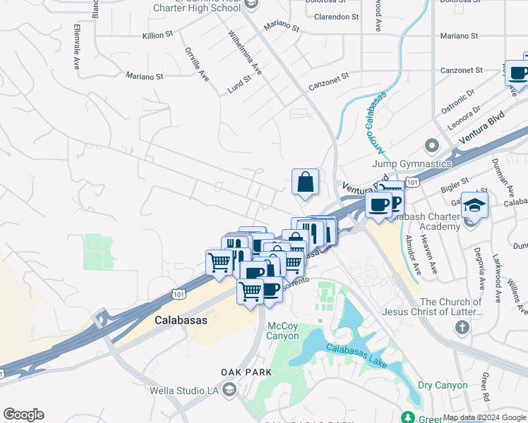map of restaurants, bars, coffee shops, grocery stores, and more near 23628 Long Valley Road in Hidden Hills