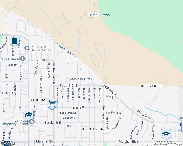 map of restaurants, bars, coffee shops, grocery stores, and more near 3794 Elm Avenue in San Bernardino