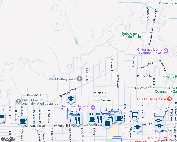 map of restaurants, bars, coffee shops, grocery stores, and more near 364 Melrose Avenue in Monrovia