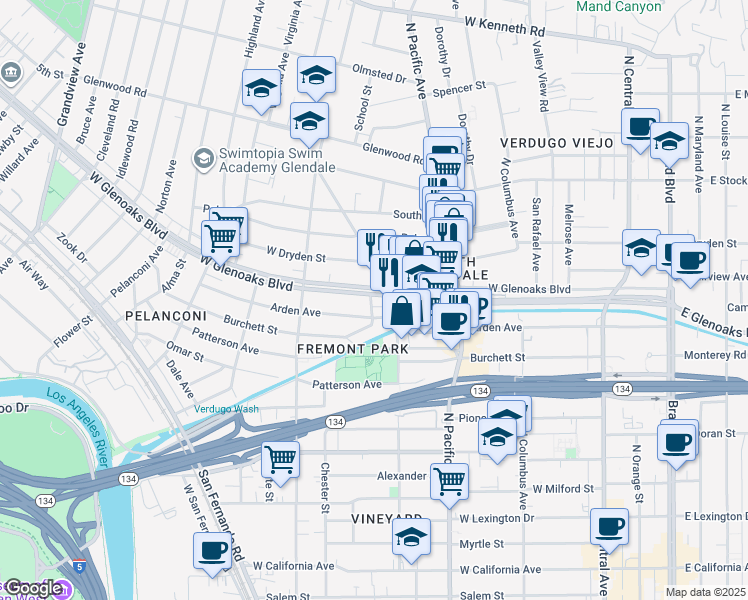 map of restaurants, bars, coffee shops, grocery stores, and more near 608 Beulah Street in Glendale