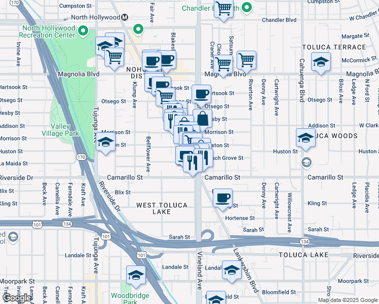 map of restaurants, bars, coffee shops, grocery stores, and more near 4868 Lankershim Boulevard in Los Angeles
