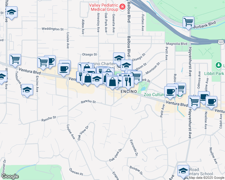 map of restaurants, bars, coffee shops, grocery stores, and more near 16946 Ventura Boulevard in Los Angeles