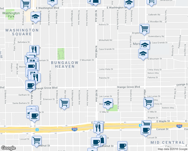 map of restaurants, bars, coffee shops, grocery stores, and more near 781 North Hill Avenue in Pasadena