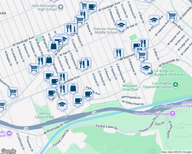 map of restaurants, bars, coffee shops, grocery stores, and more near 524 South Parish Place in Burbank