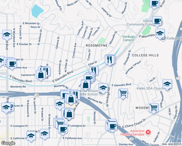 map of restaurants, bars, coffee shops, grocery stores, and more near 1037 East Glenoaks Boulevard in Glendale