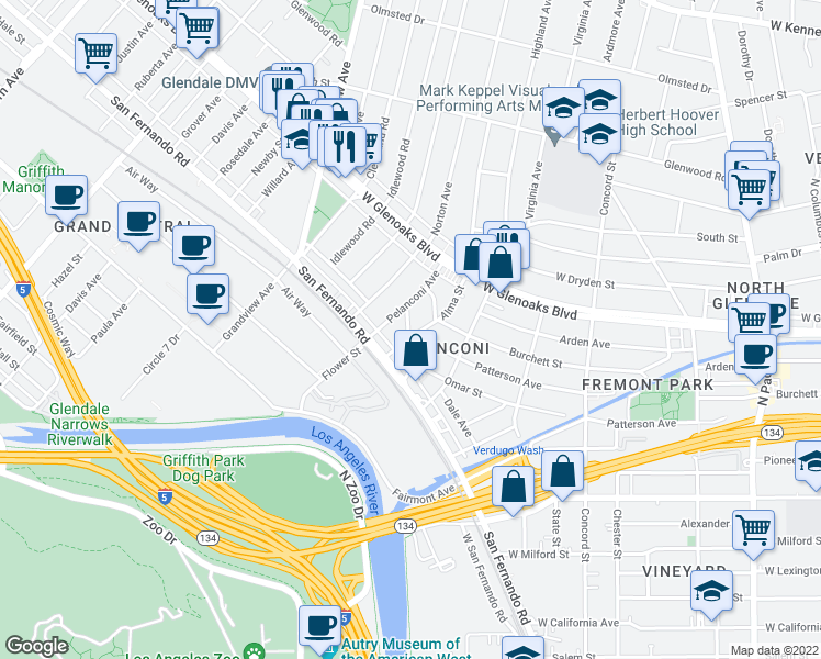 map of restaurants, bars, coffee shops, grocery stores, and more near 806 Kellogg Avenue in Glendale