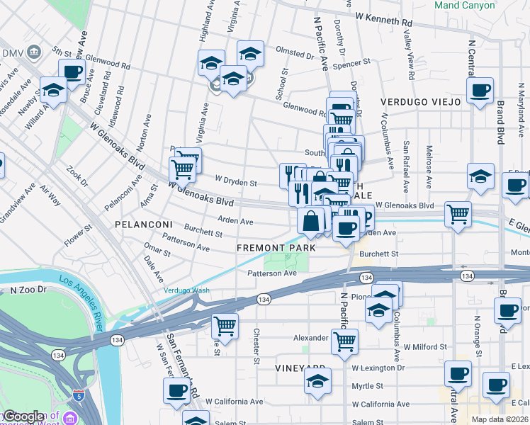 map of restaurants, bars, coffee shops, grocery stores, and more near 656 West Glenoaks Boulevard in Glendale