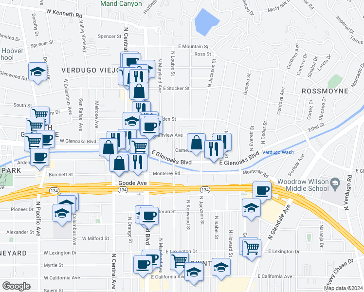 map of restaurants, bars, coffee shops, grocery stores, and more near 315 Cameron Place in Glendale