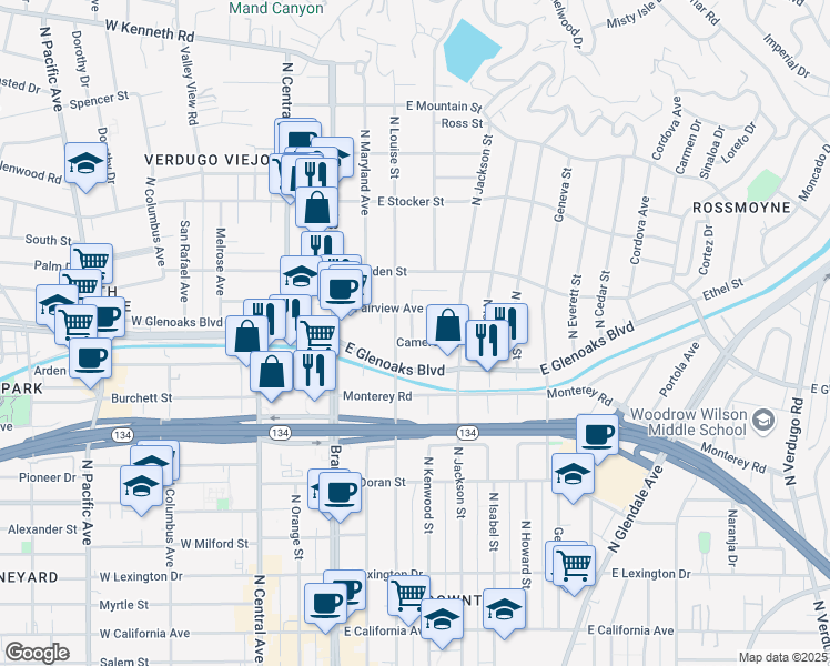 map of restaurants, bars, coffee shops, grocery stores, and more near 315 Cameron Place in Glendale