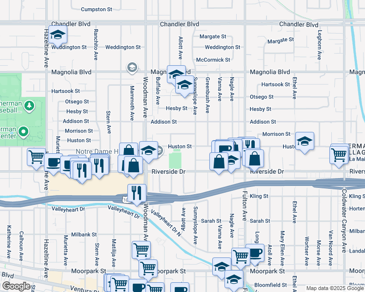map of restaurants, bars, coffee shops, grocery stores, and more near 13533 Huston Street in Los Angeles