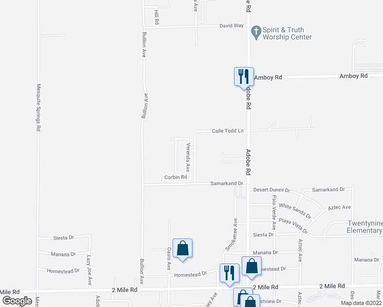 map of restaurants, bars, coffee shops, grocery stores, and more near 5165 Verenda Avenue in Twentynine Palms
