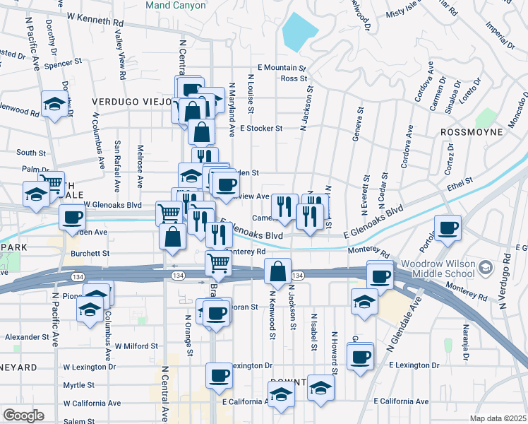 map of restaurants, bars, coffee shops, grocery stores, and more near 315 Cameron Place in Glendale