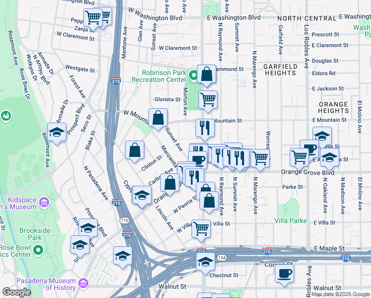 map of restaurants, bars, coffee shops, grocery stores, and more near 798 Sunset Avenue in Pasadena