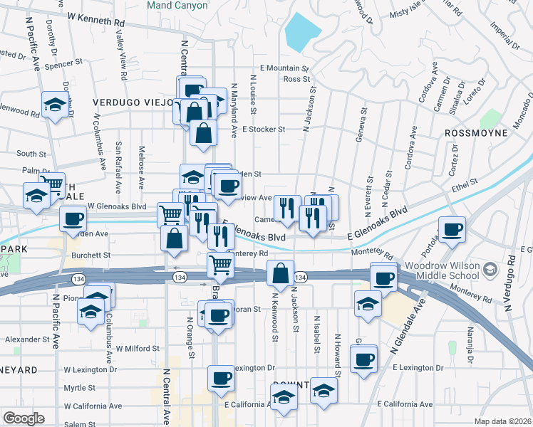 map of restaurants, bars, coffee shops, grocery stores, and more near 315 Cameron Place in Glendale