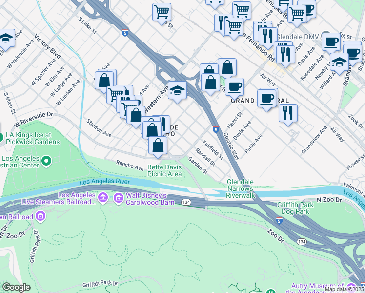 map of restaurants, bars, coffee shops, grocery stores, and more near 1511 Garden Street in Glendale