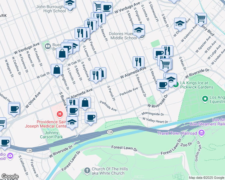map of restaurants, bars, coffee shops, grocery stores, and more near 524 South Parish Place in Burbank