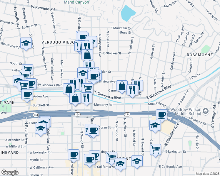 map of restaurants, bars, coffee shops, grocery stores, and more near 930 North Louise Street in Glendale