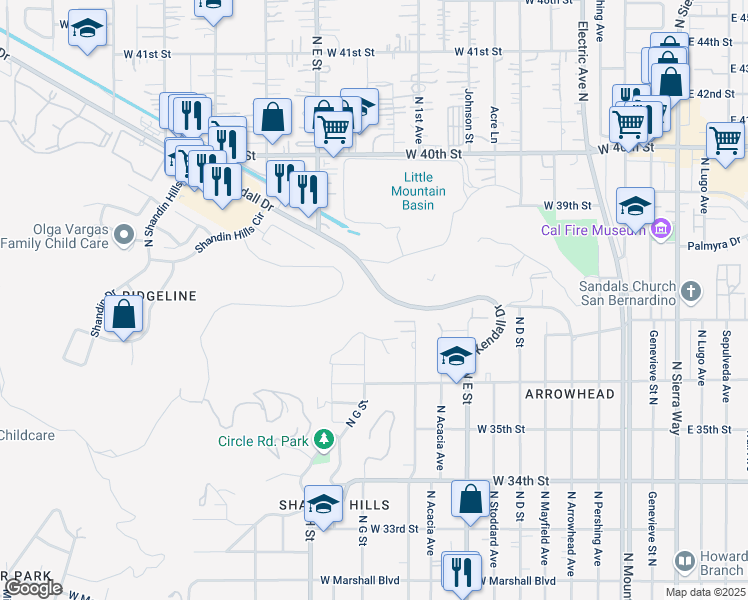 map of restaurants, bars, coffee shops, grocery stores, and more near 711 Kendall Drive in San Bernardino