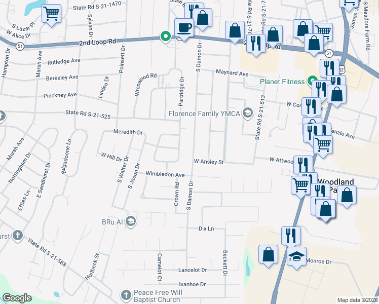 map of restaurants, bars, coffee shops, grocery stores, and more near 1821 South Damon Drive in Florence