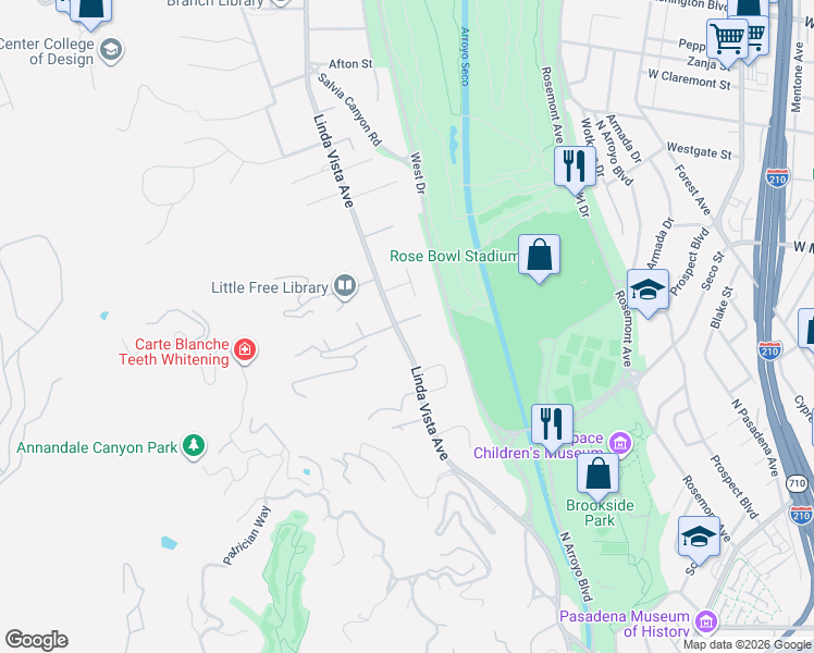 map of restaurants, bars, coffee shops, grocery stores, and more near 800 Linda Vista Avenue in Pasadena