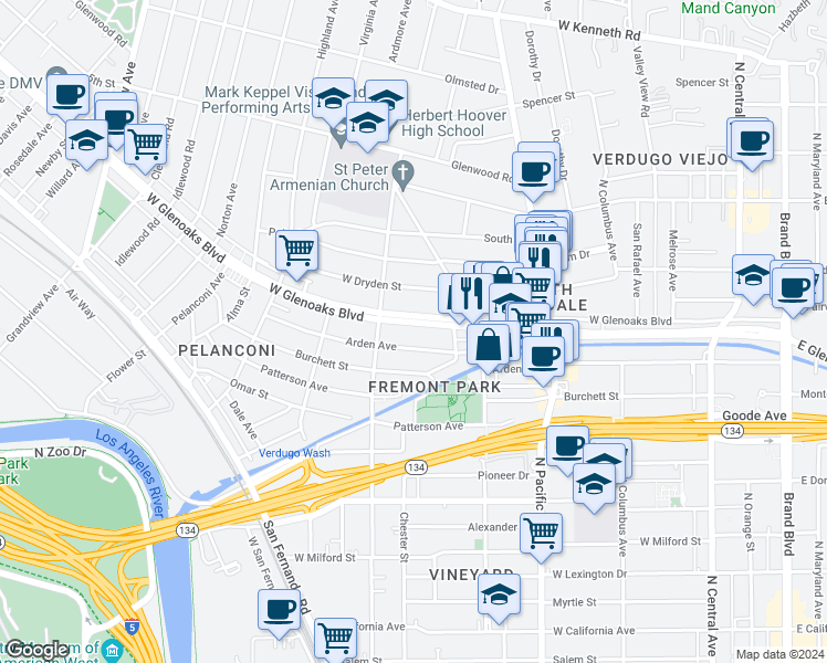 map of restaurants, bars, coffee shops, grocery stores, and more near 660 West Glenoaks Boulevard in Glendale