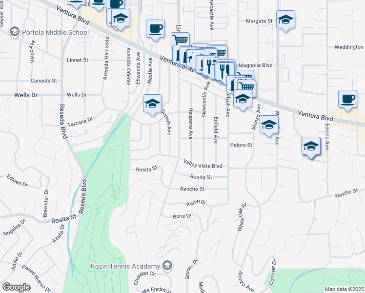map of restaurants, bars, coffee shops, grocery stores, and more near 4934 Lindley Avenue in Los Angeles