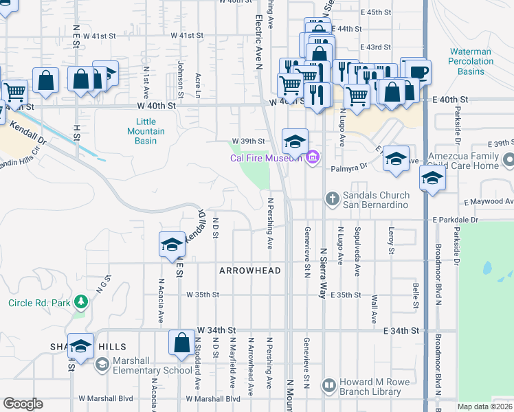 map of restaurants, bars, coffee shops, grocery stores, and more near 304 Edgerton Drive in San Bernardino