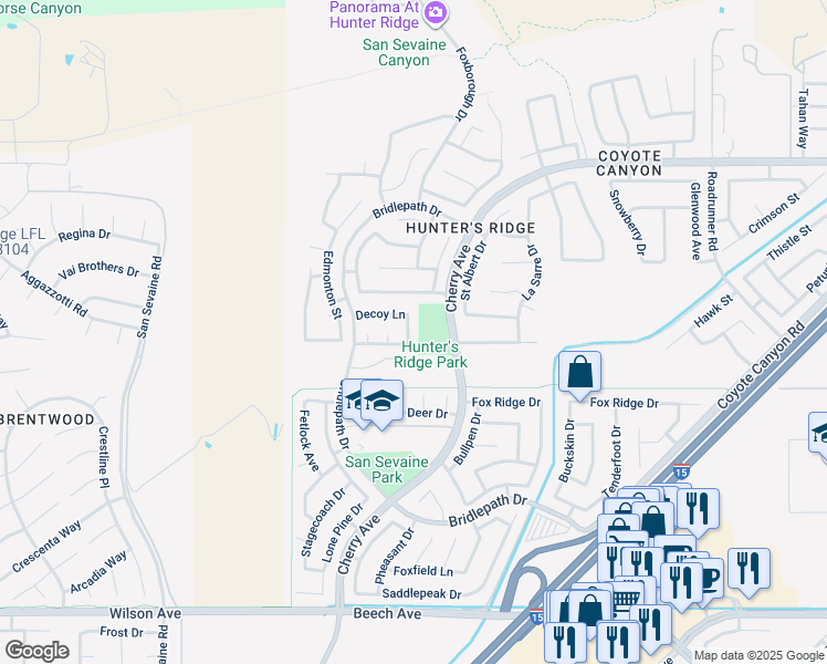 map of restaurants, bars, coffee shops, grocery stores, and more near 5199 Raccoon Way in Fontana